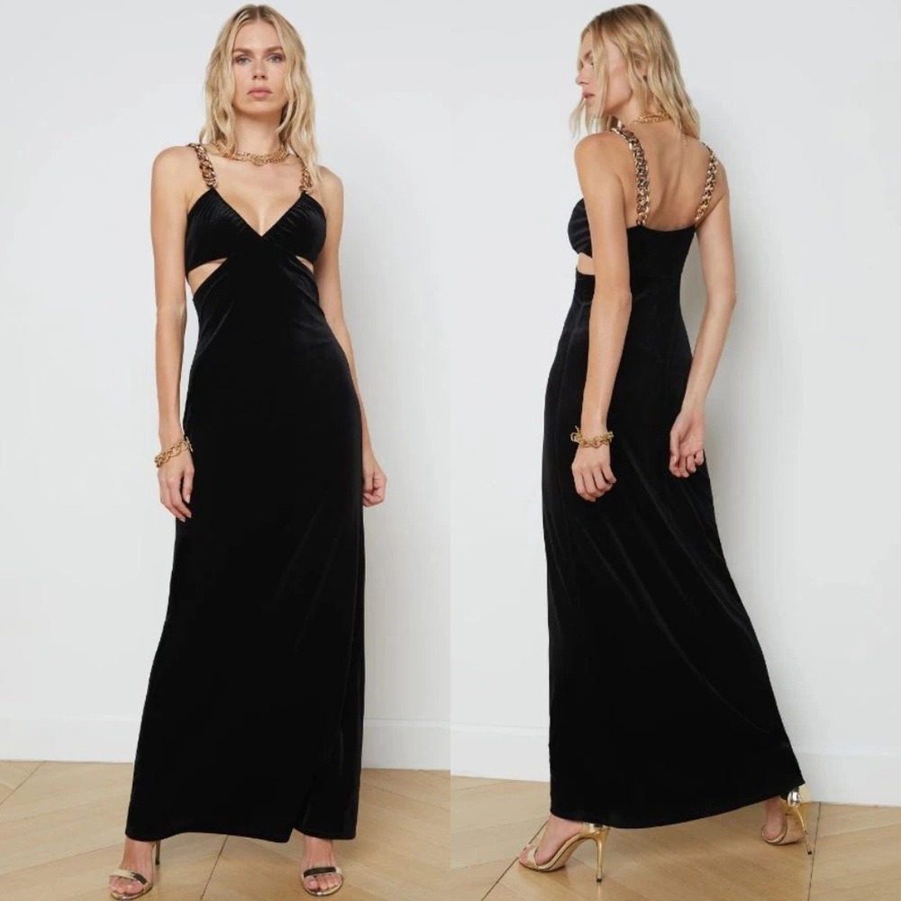 L'AGENCE Dress Black Velvet Maxi Dress w/ Gold Chain Straps Cut-Out Gown Small
